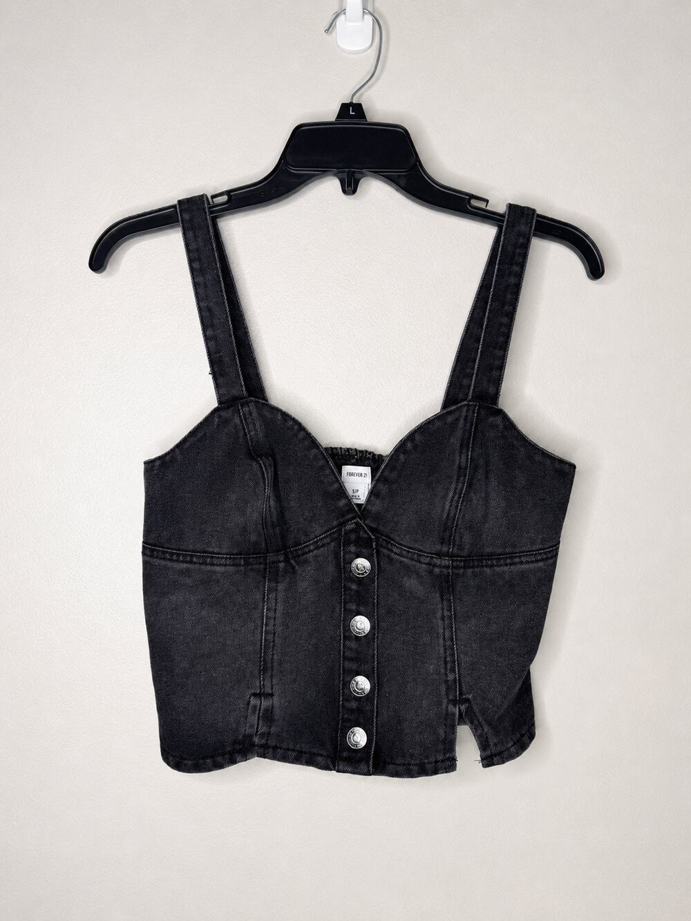 Forever 21 Black Washed Denim Corset Crop Top | Button Front Bustier Size Small